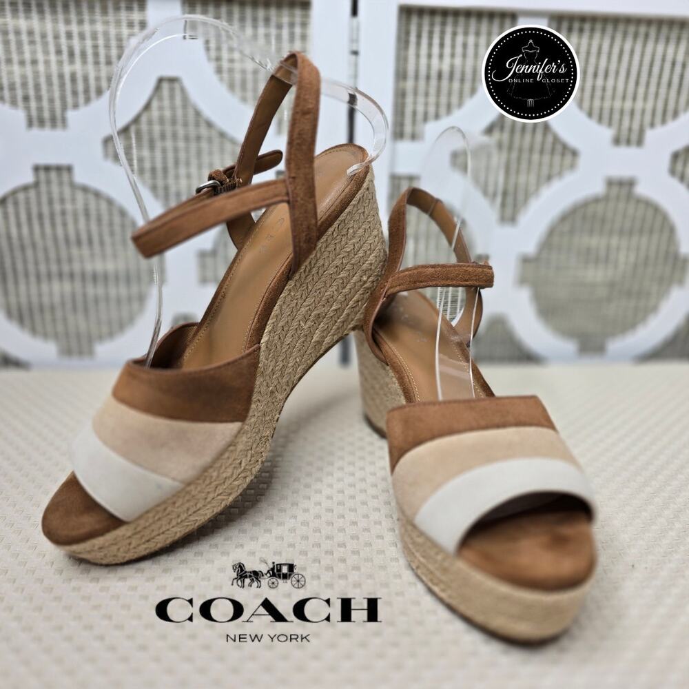 Coach Farren Saddle/Chalk Jute Wrapped Wedge Sandal Size 8.5B